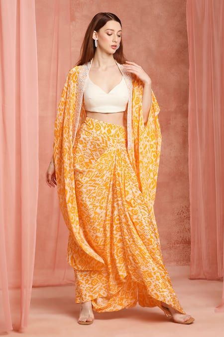 Neha Mehra Orange Crepe Cape & Draped Skirt Set 