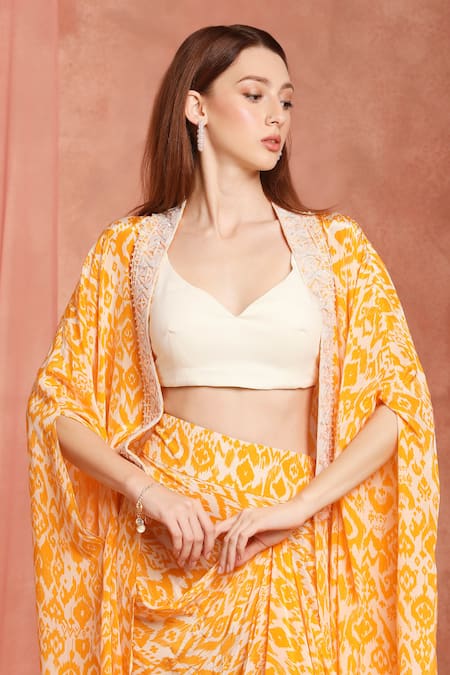 Neha Mehra_Orange Crepe Open , Scoop Cape And Draped Skirt Set _at_Aza_Fashions
