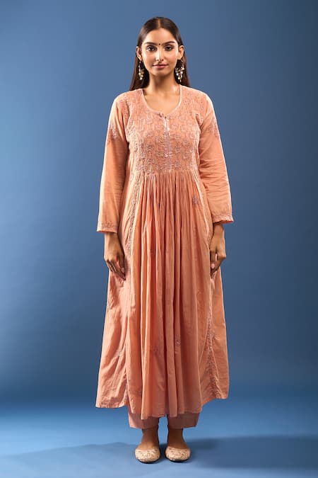 Samyukta Singhania_Orange Chanderi Cotton Embroidery, Cut Work Round Neck Chikankari Kurta Set _Online_at_Aza_Fashions