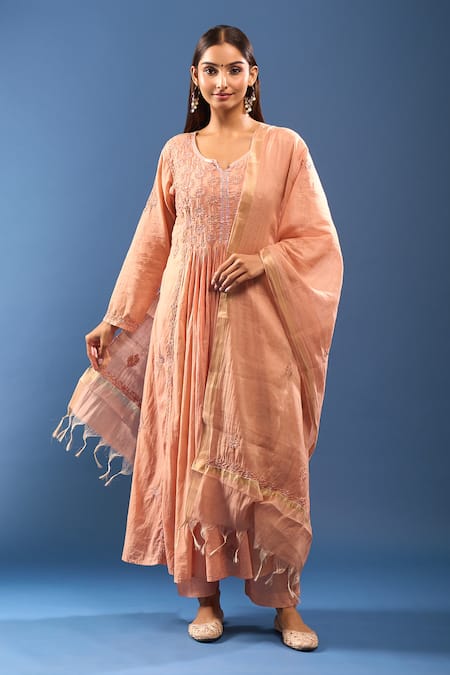 Buy_Samyukta Singhania_Orange Chanderi Cotton Embroidery, Cut Work Round Neck Chikankari Kurta Set _Online_at_Aza_Fashions