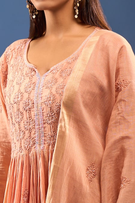 Shop_Samyukta Singhania_Orange Chanderi Cotton Embroidery, Cut Work Round Neck Chikankari Kurta Set _Online_at_Aza_Fashions
