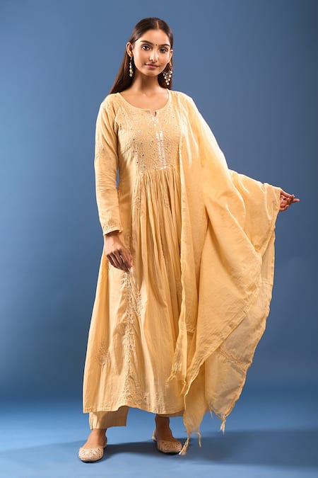 Shop_Samyukta Singhania_Cream Cotton, Embroidery Round Neck Chikankari Kurta Set _Online_at_Aza_Fashions