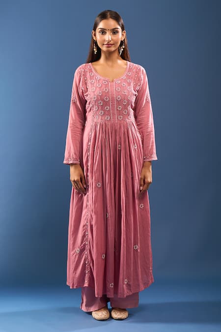 Samyukta Singhania_Pink Chanderi Cotton Mirrors, Embroidery Round Neck Chikankari Kurta Set _Online_at_Aza_Fashions