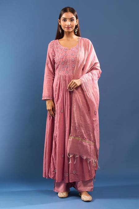 Buy_Samyukta Singhania_Pink Chanderi Cotton Mirrors, Embroidery Round Neck Chikankari Kurta Set _Online_at_Aza_Fashions