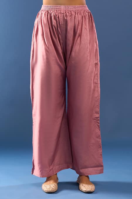 Shop_Samyukta Singhania_Pink Chanderi Cotton Mirrors, Embroidery Round Neck Chikankari Kurta Set _Online_at_Aza_Fashions