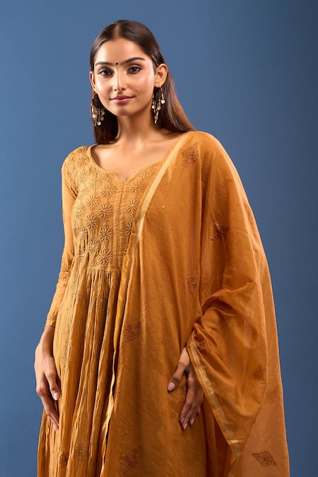 Buy_Samyukta Singhania_Brown Chanderi Cotton Mirrors Round Neck Chikankari Kurta Set _Online_at_Aza_Fashions