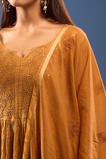 Shop_Samyukta Singhania_Brown Chanderi Cotton Mirrors Round Neck Chikankari Kurta Set _Online_at_Aza_Fashions