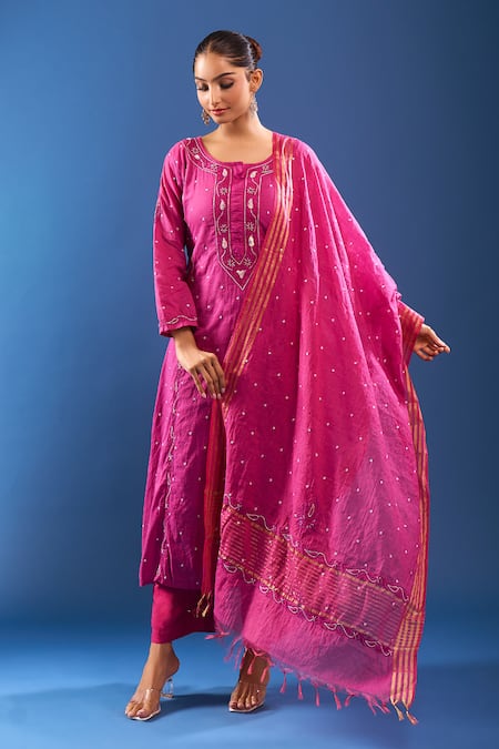 Shop_Samyukta Singhania_Purple Chanderi Cotton Embroidery, Cut Work Round Neck Chikankari Kurta Set _Online_at_Aza_Fashions
