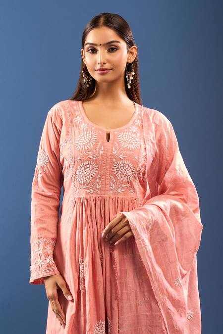 Buy_Samyukta Singhania_Peach Chanderi Cotton Embroidery Round Neck Chikankari Kurta Set _Online_at_Aza_Fashions