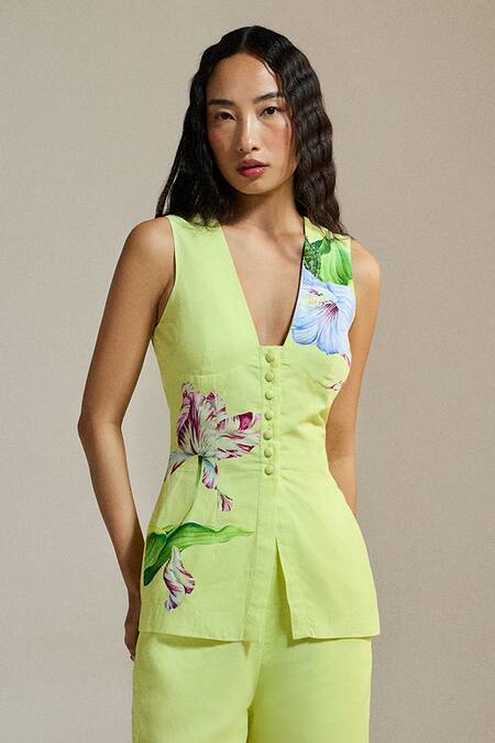 The Iaso_Yellow Linen Open Neck Wildflower Print Vest Top _Online_at_Aza_Fashions