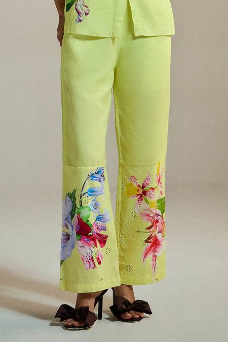 The Iaso_Yellow Linen Embroidery Wildflower Hem Trouser _Online_at_Aza_Fashions