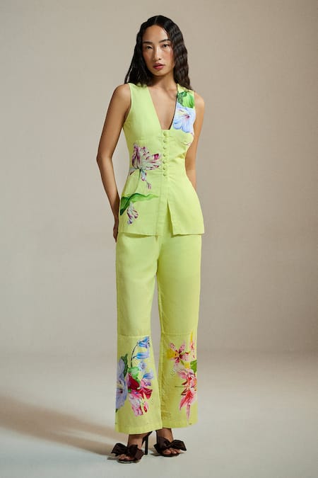 THE IASO Yellow Linen Embroidery Wildflower Hem Trouser 