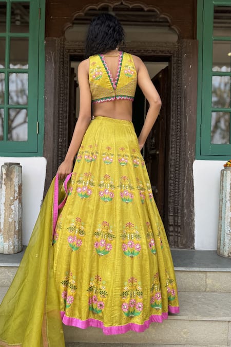 Basil Leaf Yellow Tussar Embroidered Lehenga Set 