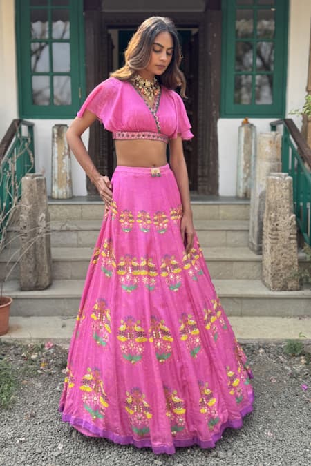 Buy_Basil Leaf_Fuchsia Chiffon Embroidery Round Neck Lehenga Set _Online_at_Aza_Fashions