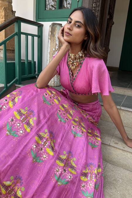 Shop_Basil Leaf_Fuchsia Chiffon Embroidery Round Neck Lehenga Set _Online_at_Aza_Fashions