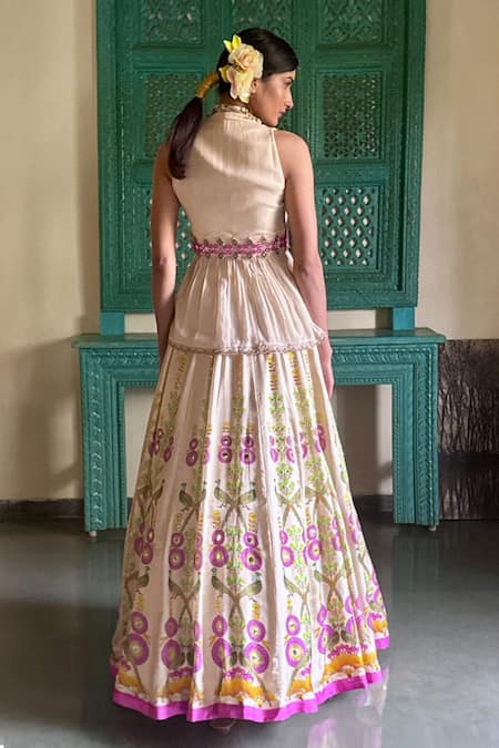 Basil Leaf Beige Floral Embroidered Lehenga Set 