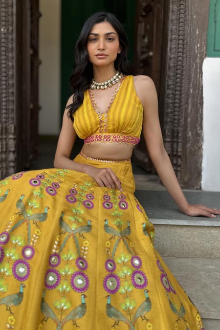 Buy Basil Leaf Yellow Embroidery, Sequins V-neck Lehenga Set Online at Aza Fashions Buy_Basil Leaf_Yellow Embroidery, Sequins V-neck Lehenga Set _Online_at_Aza_Fashions