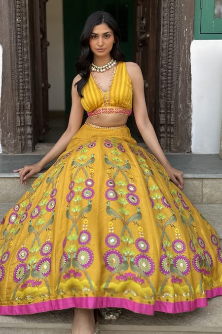 Shop Basil Leaf Yellow Embroidery, Sequins V-neck Lehenga Set Online at Aza Fashions Shop_Basil Leaf_Yellow Embroidery, Sequins V-neck Lehenga Set _Online_at_Aza_Fashions