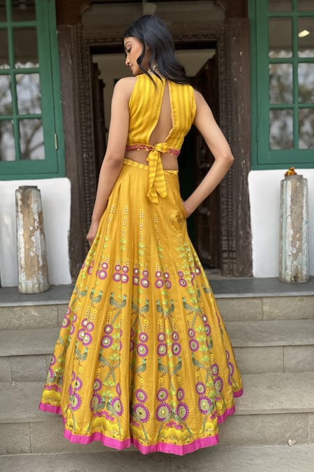 Basil Leaf Embroidered Yellow Lehenga Set 