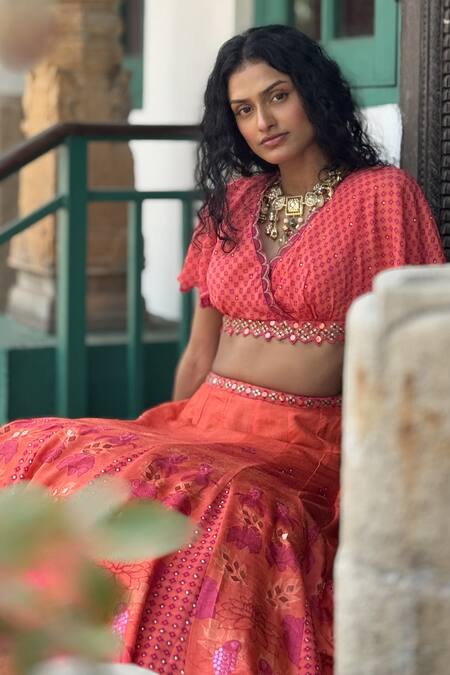 Basil Leaf Orange Chiffon Sequins, Embroidery, Beads Round Neck Designer Lehenga Set Online at Aza Fashions Basil Leaf_Orange Chiffon Sequins, Embroidery, Beads Round Neck Designer Lehenga Set_Online_at_Aza_Fashions