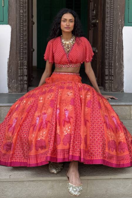 Shop Basil Leaf Orange Chiffon Sequins, Embroidery, Beads Round Neck Designer Lehenga Set Online at Aza Fashions Shop_Basil Leaf_Orange Chiffon Sequins, Embroidery, Beads Round Neck Designer Lehenga Set_Online_at_Aza_Fashions