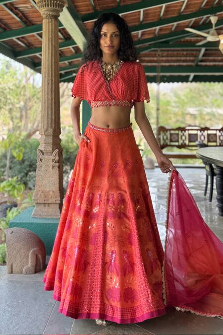 Basil Leaf Orange Chiffon Sequins, Embroidery, Beads Round Neck Designer Lehenga Set 