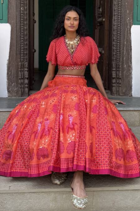 Basil Leaf Orange Chiffon Sequins, Embroidery, Beads Round Neck Designer Lehenga Set at Aza Fashions Basil Leaf_Orange Chiffon Sequins, Embroidery, Beads Round Neck Designer Lehenga Set_at_Aza_Fashions