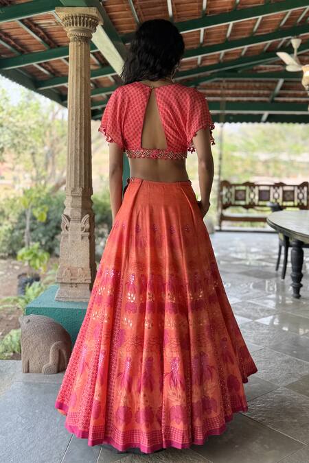 Shop Basil Leaf Orange Chiffon Sequins, Embroidery, Beads Round Neck Designer Lehenga Set at Aza Fashions Shop_Basil Leaf_Orange Chiffon Sequins, Embroidery, Beads Round Neck Designer Lehenga Set_at_Aza_Fashions