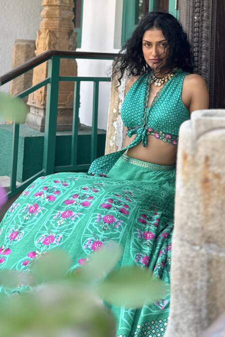 Buy Basil Leaf Aqua Tussar, Silk, Chiffon Embroidery V-neck Floral Lehenga Set Online at Aza Fashions Buy_Basil Leaf_Aqua Tussar, Silk, Chiffon Embroidery V-neck Floral Lehenga Set _Online_at_Aza_Fashions