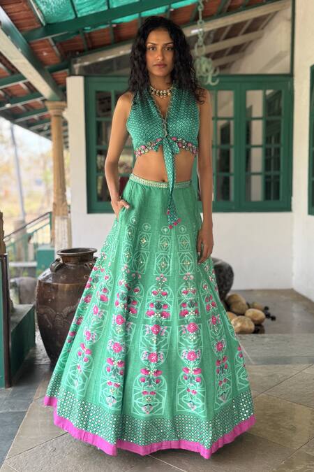 Shop Basil Leaf Aqua Tussar, Silk, Chiffon Embroidery V-neck Floral Lehenga Set Online at Aza Fashions Shop_Basil Leaf_Aqua Tussar, Silk, Chiffon Embroidery V-neck Floral Lehenga Set _Online_at_Aza_Fashions