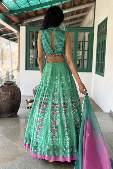 Basil Leaf Aqua Floral Embroidered Lehenga Set 