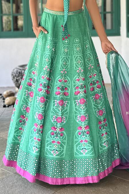 Basil Leaf Aqua Tussar, Silk, Chiffon Embroidery V-neck Floral Lehenga Set at Aza Fashions Basil Leaf_Aqua Tussar, Silk, Chiffon Embroidery V-neck Floral Lehenga Set _at_Aza_Fashions
