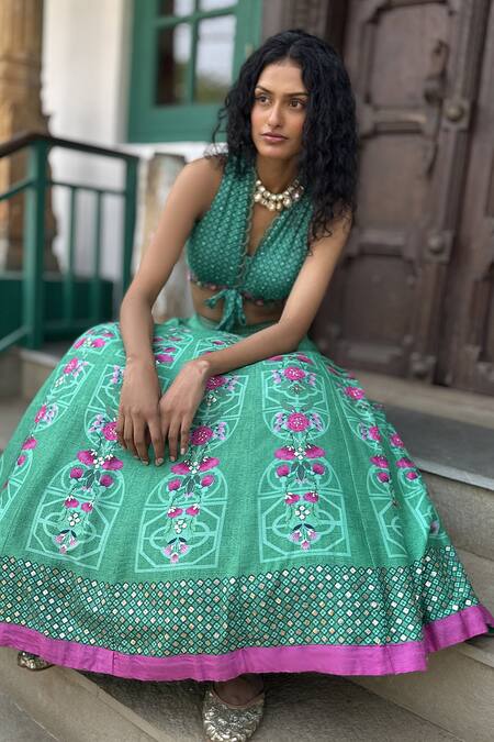 Buy Basil Leaf Aqua Tussar, Silk, Chiffon Embroidery V-neck Floral Lehenga Set Buy_Basil Leaf_Aqua Tussar, Silk, Chiffon Embroidery V-neck Floral Lehenga Set