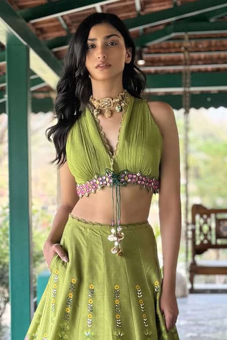 Basil Leaf Green Tussar, Chiffon Sequins, Embroidery, Beads Halter Neck Lehenga Set Online at Aza Fashions Basil Leaf_Green Tussar, Chiffon Sequins, Embroidery, Beads Halter Neck Lehenga Set _Online_at_Aza_Fashions