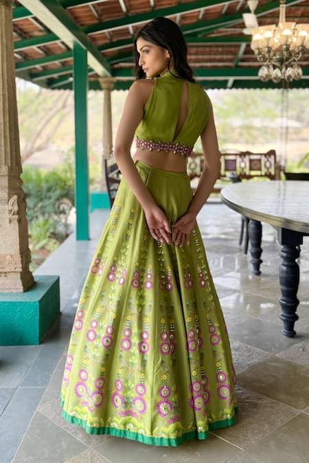 Shop Basil Leaf Green Tussar, Chiffon Sequins, Embroidery, Beads Halter Neck Lehenga Set at Aza Fashions Shop_Basil Leaf_Green Tussar, Chiffon Sequins, Embroidery, Beads Halter Neck Lehenga Set _at_Aza_Fashions