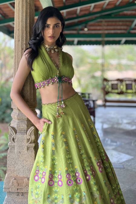 Buy Basil Leaf Green Tussar, Chiffon Sequins, Embroidery, Beads Halter Neck Lehenga Set Online at Aza Fashions Buy_Basil Leaf_Green Tussar, Chiffon Sequins, Embroidery, Beads Halter Neck Lehenga Set _Online_at_Aza_Fashions