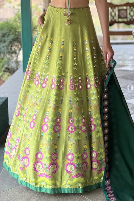 Shop Basil Leaf Green Tussar, Chiffon Sequins, Embroidery, Beads Halter Neck Lehenga Set Online at Aza Fashions Shop_Basil Leaf_Green Tussar, Chiffon Sequins, Embroidery, Beads Halter Neck Lehenga Set _Online_at_Aza_Fashions