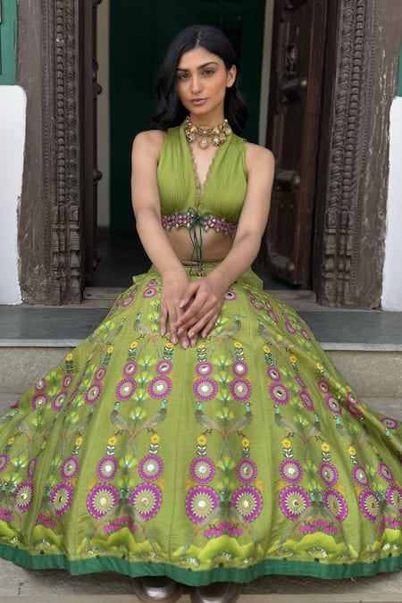 Basil Leaf Green Tussar, Chiffon Sequins, Embroidery, Beads Halter Neck Lehenga Set at Aza Fashions Basil Leaf_Green Tussar, Chiffon Sequins, Embroidery, Beads Halter Neck Lehenga Set _at_Aza_Fashions
