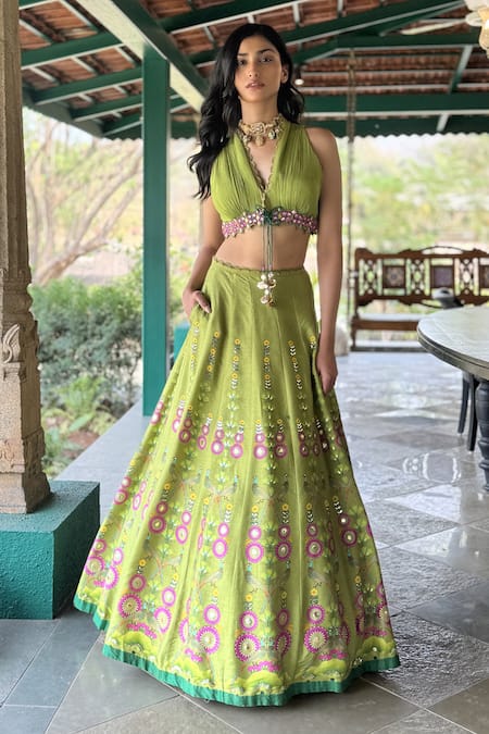 Buy Basil Leaf Green Tussar, Chiffon Sequins, Embroidery, Beads Halter Neck Lehenga Set Buy_Basil Leaf_Green Tussar, Chiffon Sequins, Embroidery, Beads Halter Neck Lehenga Set
