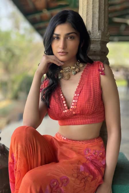 Basil Leaf_Orange Chiffon Embroidery, Sequins V-neck Designer Top And Pant Set _Online_at_Aza_Fashions