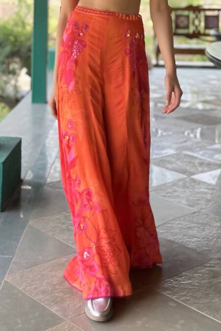 Buy_Basil Leaf_Orange Chiffon Embroidery, Sequins V-neck Designer Top And Pant Set _Online_at_Aza_Fashions