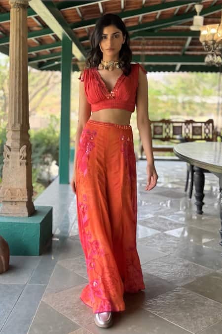 Basil Leaf Orange Chiffon Embroidery, Sequins V-neck Designer Top And Pant Set 