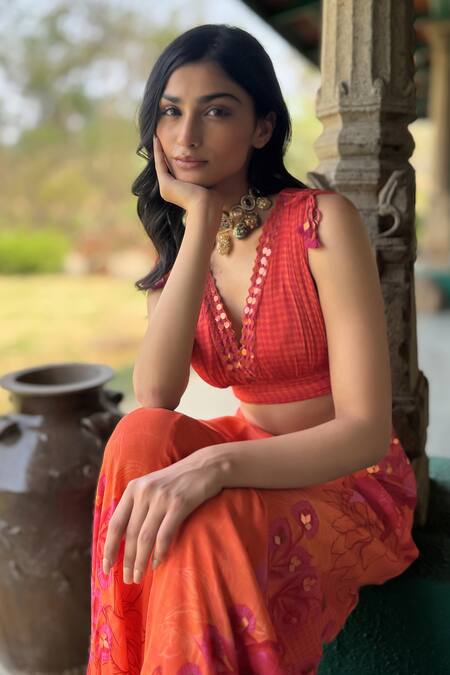 Shop_Basil Leaf_Orange Chiffon Embroidery, Sequins V-neck Designer Top And Pant Set _Online_at_Aza_Fashions