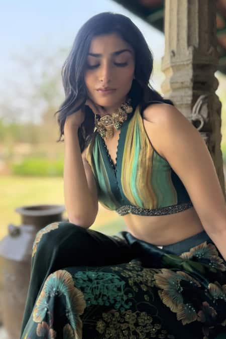 Basil Leaf_Green Chiffon Embroidery V-neck Floral Print Top And Gajji Satin Pant_Online_at_Aza_Fashions