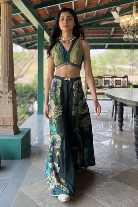 Buy_Basil Leaf_Green Chiffon Embroidery V-neck Floral Print Top And Gajji Satin Pant_Online_at_Aza_Fashions
