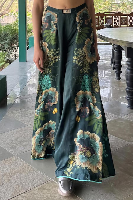 Shop_Basil Leaf_Green Chiffon Embroidery V-neck Floral Print Top And Gajji Satin Pant_Online_at_Aza_Fashions