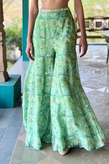 Basil Leaf_Mint Chiffon V-neck Green Top And Pant Set _Online_at_Aza_Fashions