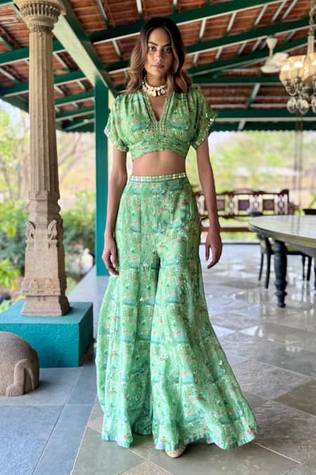 Basil Leaf Mint Chiffon V-neck Green Top And Pant Set 