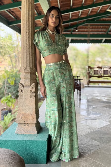 Shop_Basil Leaf_Mint Chiffon V-neck Green Top And Pant Set _Online_at_Aza_Fashions