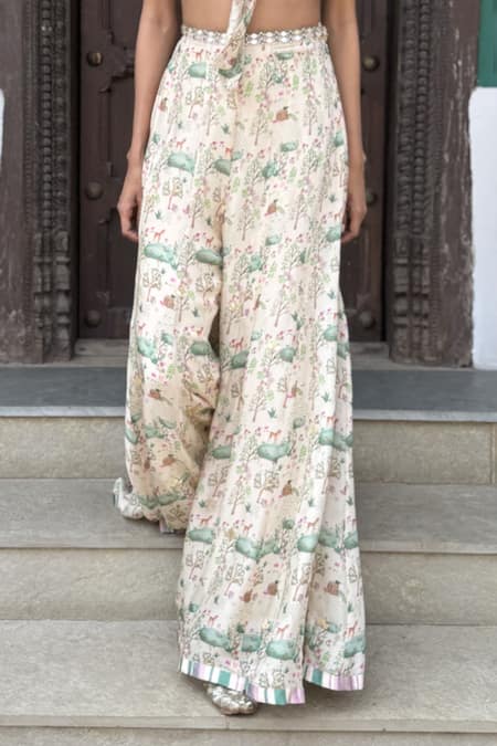 Basil Leaf Beige Chiffon Beads, Embroidery Halter Neck Floral Print Top And Pant Set Online at Aza Fashions Basil Leaf_Beige Chiffon Beads, Embroidery Halter Neck Floral Print Top And Pant Set _Online_at_Aza_Fashions